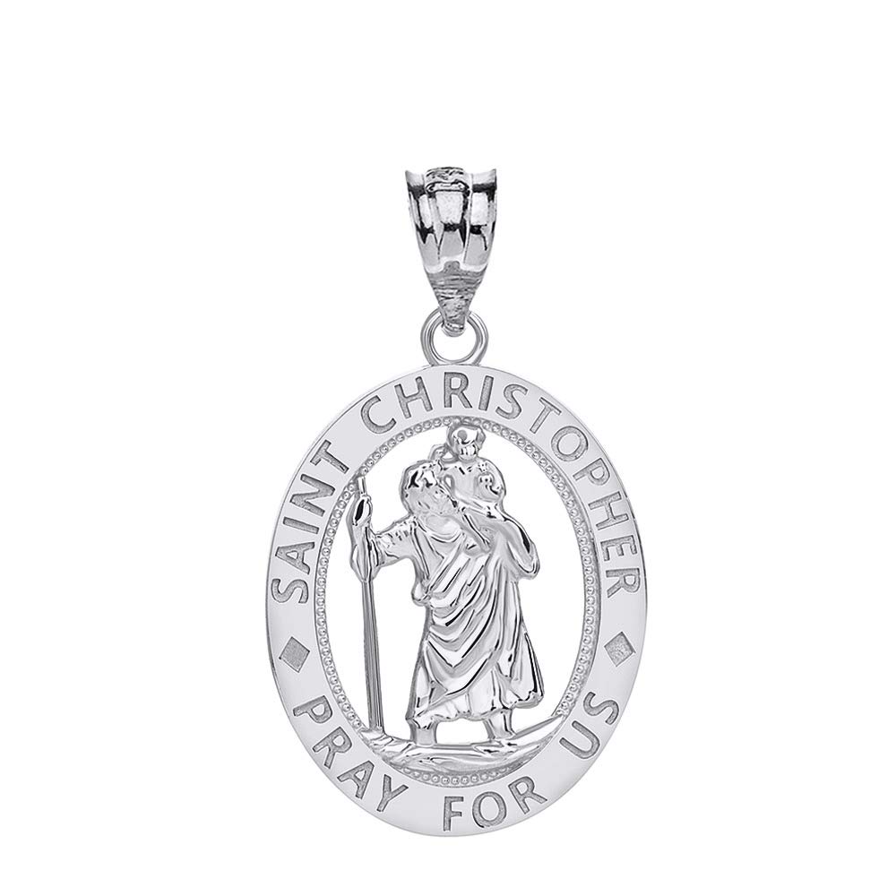 CaliRoseJewelry Sterling Silver Saint Christopher Pray for Us Oval Charm Pendant