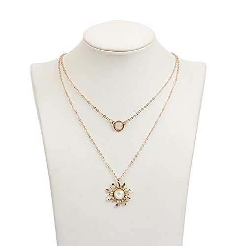 COLORFUL BLING Double Chains Moon and Sun Layered Choker Necklace Sunflower Opal Pendant Necklace Gift for Women-A double gold sun