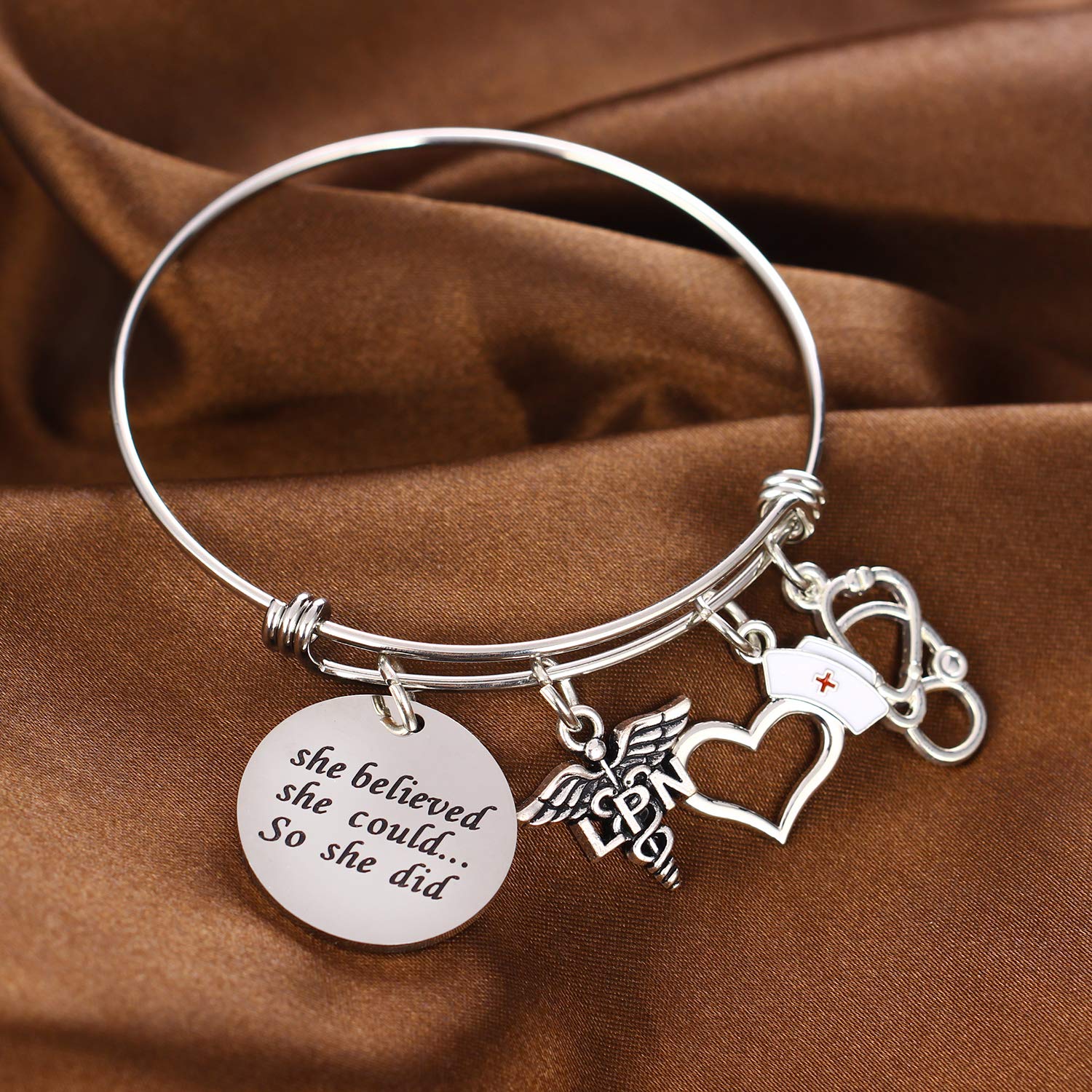 YEEQIN She Believed She Could Nurse Charm Bracelet Nurse Expandable Bangle RN LPN Graduation Gift for Nurse Jewelry (LPN)