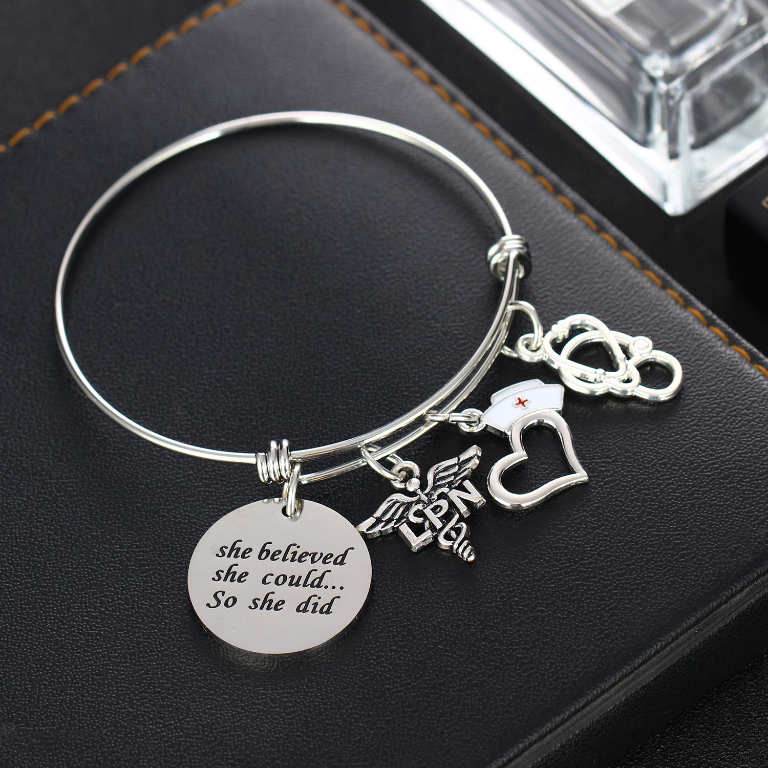 YEEQIN She Believed She Could Nurse Charm Bracelet Nurse Expandable Bangle RN LPN Graduation Gift for Nurse Jewelry (LPN)