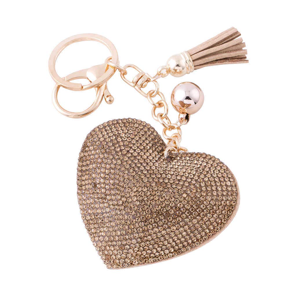 Soleebee Glitter Love Heart Keychain Premium SS6 Crystal Tassel Key Chain Leather Bag Charm for Women Girls (Light gold)