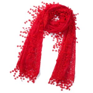 cindy and wendy lightweight soft leaf lace fringes scarf shawl for women (red-2)