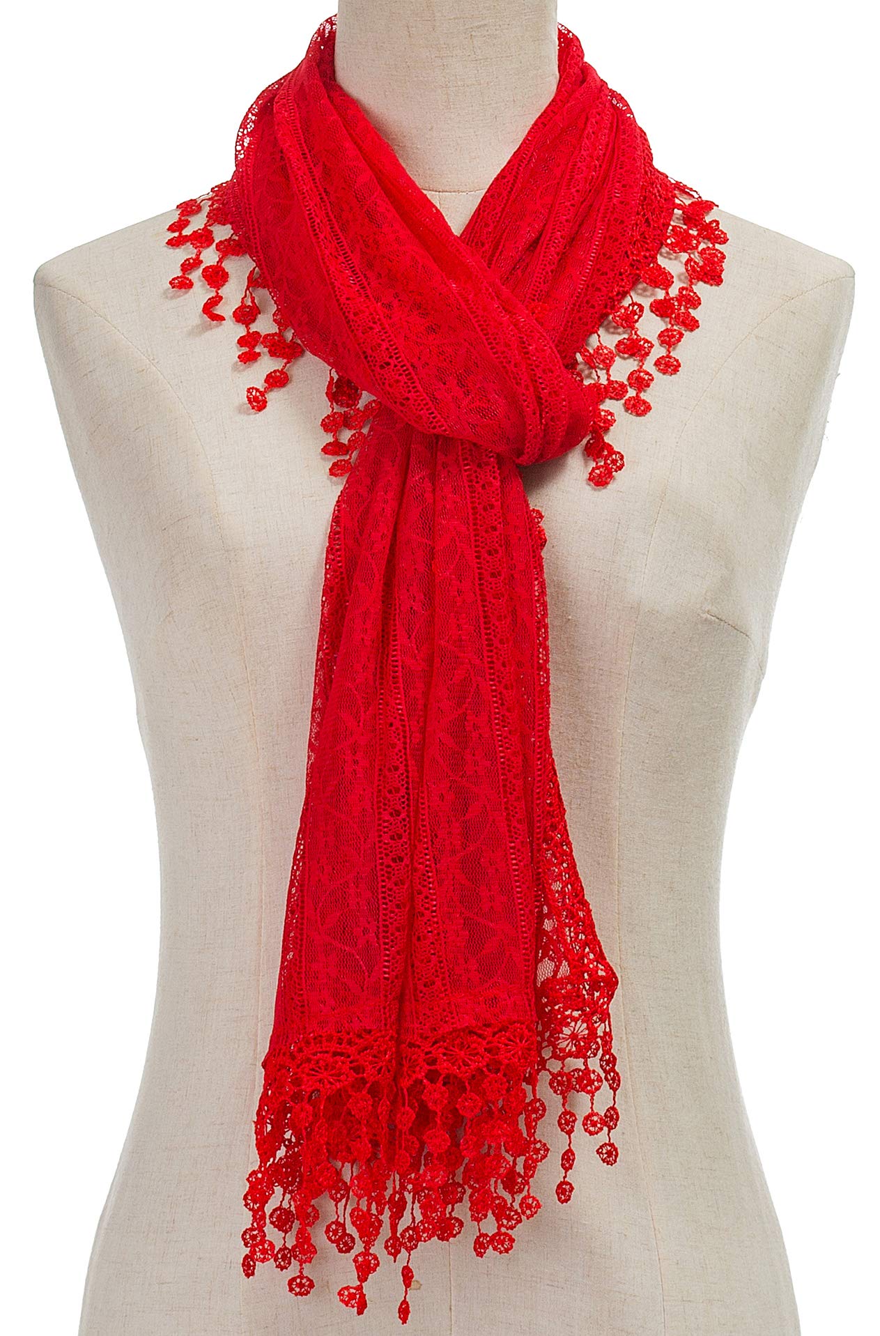 Cindy and Wendy Lightweight Soft Leaf Lace Fringes Scarf shawl for Women (Red-2)