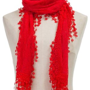 Cindy and Wendy Lightweight Soft Leaf Lace Fringes Scarf shawl for Women (Red-2)