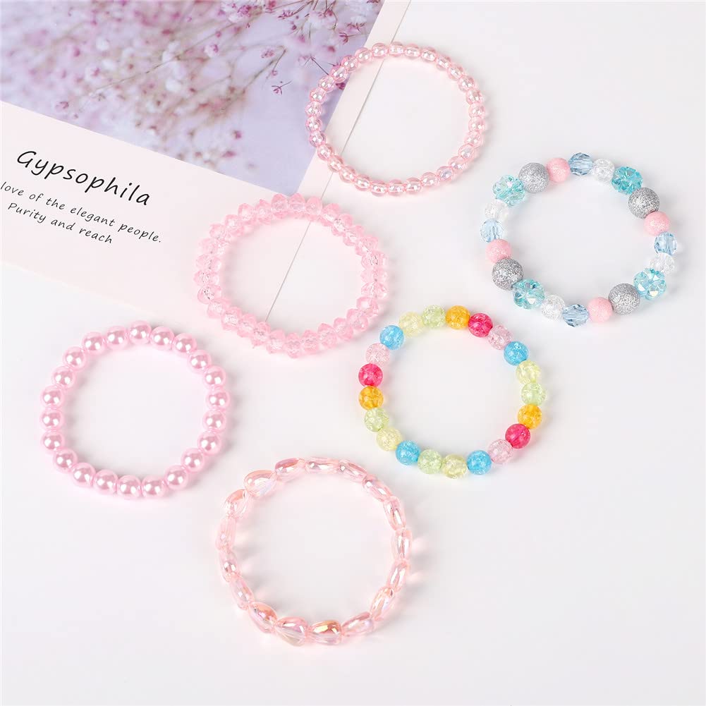 BGSHEMNI 6 Pieces Princess Bracelets,Rainbow Stretchy Bead Bracelets Pink Love Bracelet,Girls Costume Jewelry Set