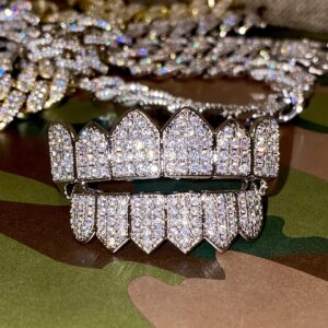 18K White Gold Plated CZ Cluster Custom Slugs Top Bottom GRILLZ Fangs Mouth Teeth Grills Set - Grillz, Teeth Cap, Iced Out Grillz (Top & Bottom Set)