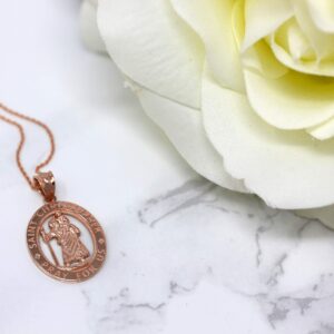 CaliRoseJewelry 14k Saint Christopher Pray for Us Oval Charm Pendant Necklace in Rose Gold, 18"