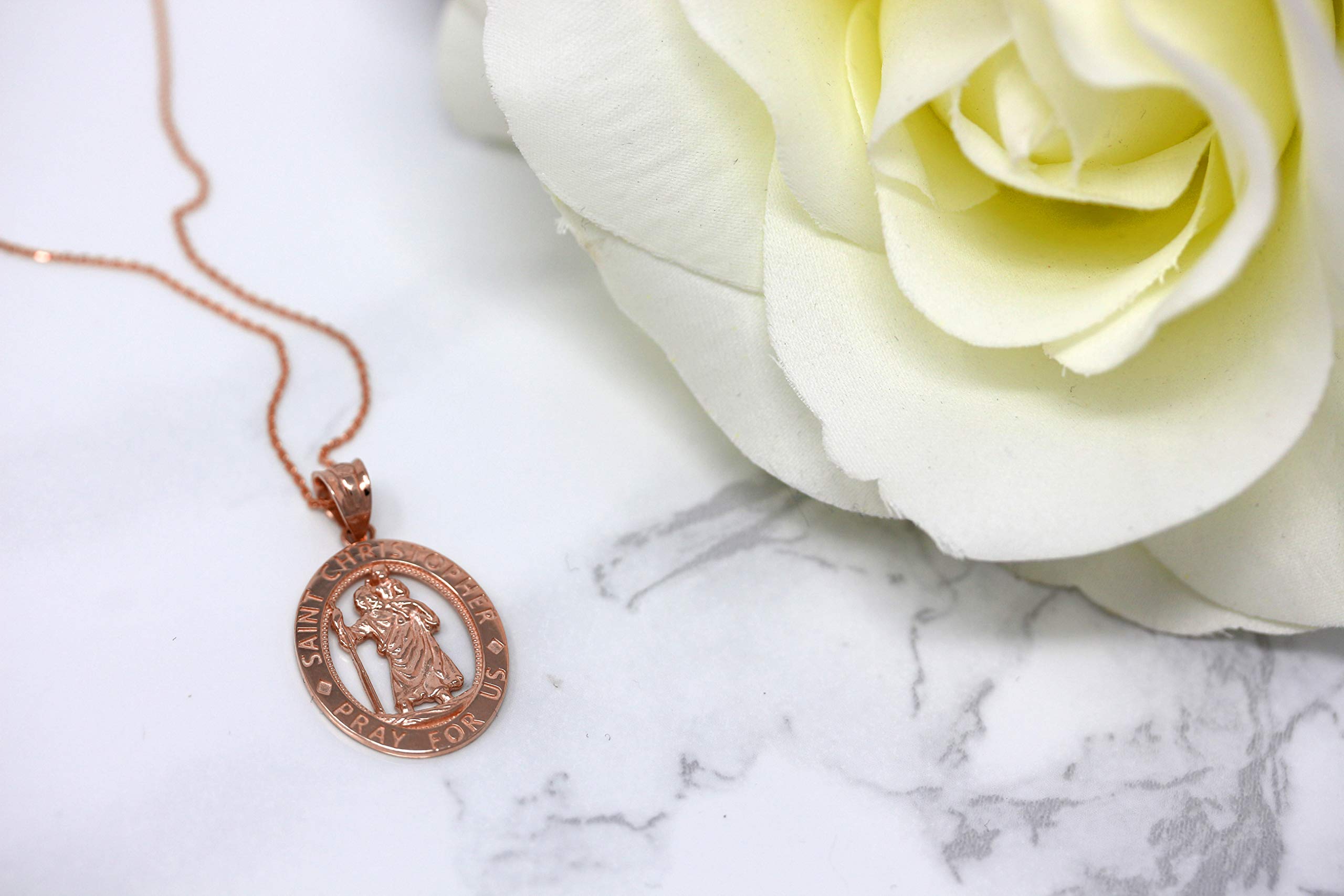 CaliRoseJewelry 14k Saint Christopher Pray for Us Oval Charm Pendant Necklace in Rose Gold, 18"