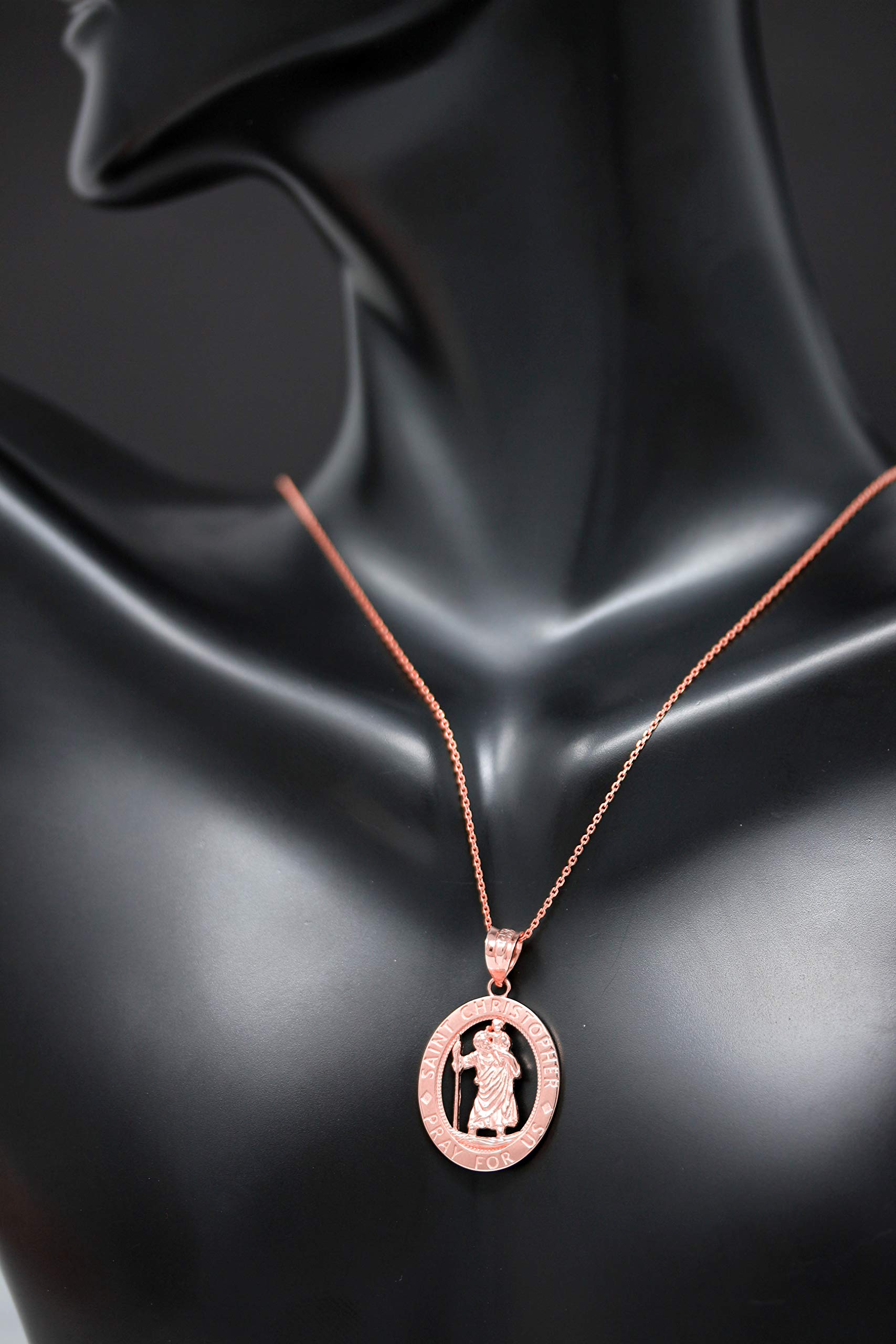 CaliRoseJewelry 14k Saint Christopher Pray for Us Oval Charm Pendant Necklace in Rose Gold, 18"