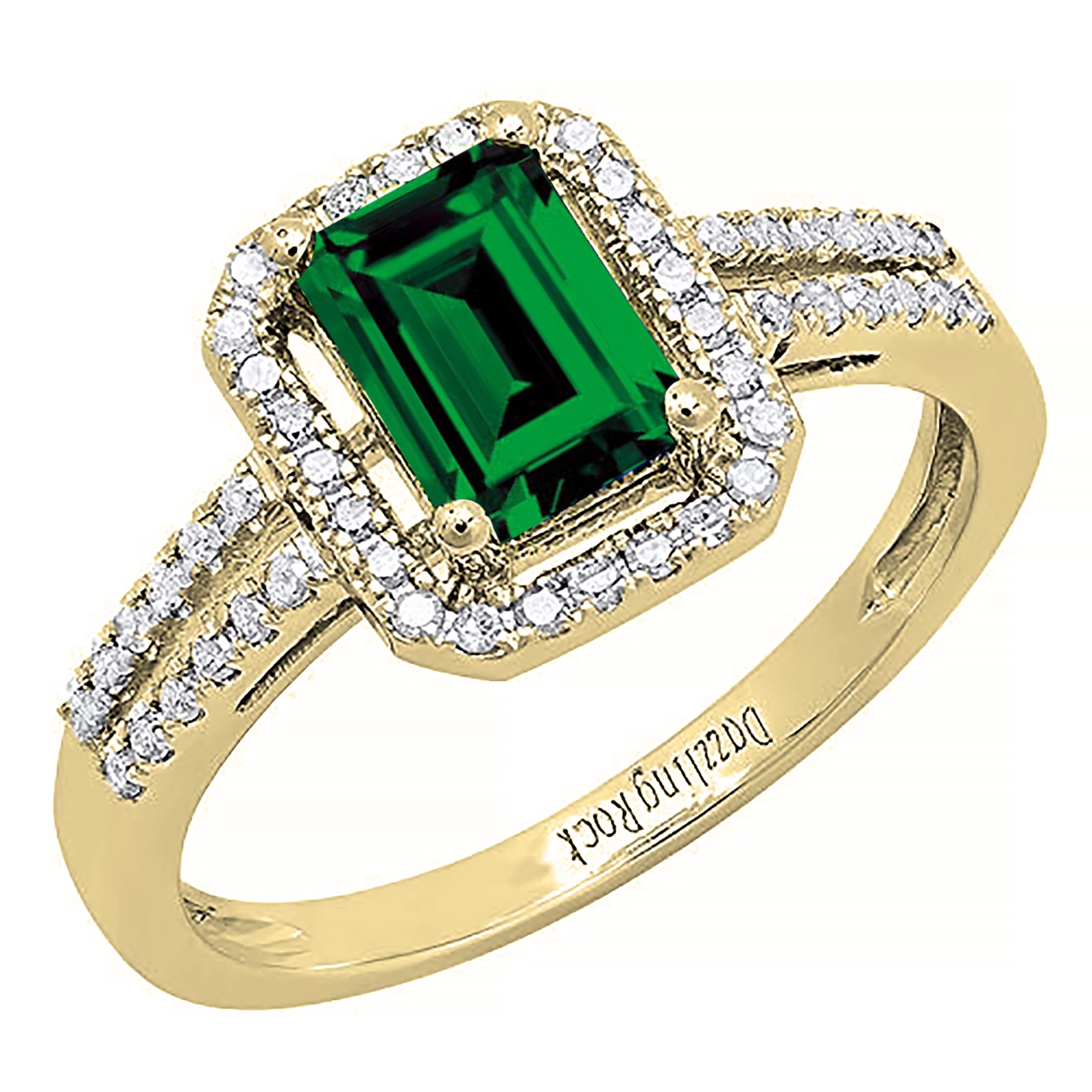 Dazzlingrock Collection 14K 7X5 MM Emerald Shape Created Emerald & Round Diamond Women Ring, Yellow Gold, Size 10