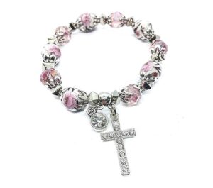 nazareth store religious cross bracelet christian classic beaded bangle with pink crystal beads sacred gift for women & men