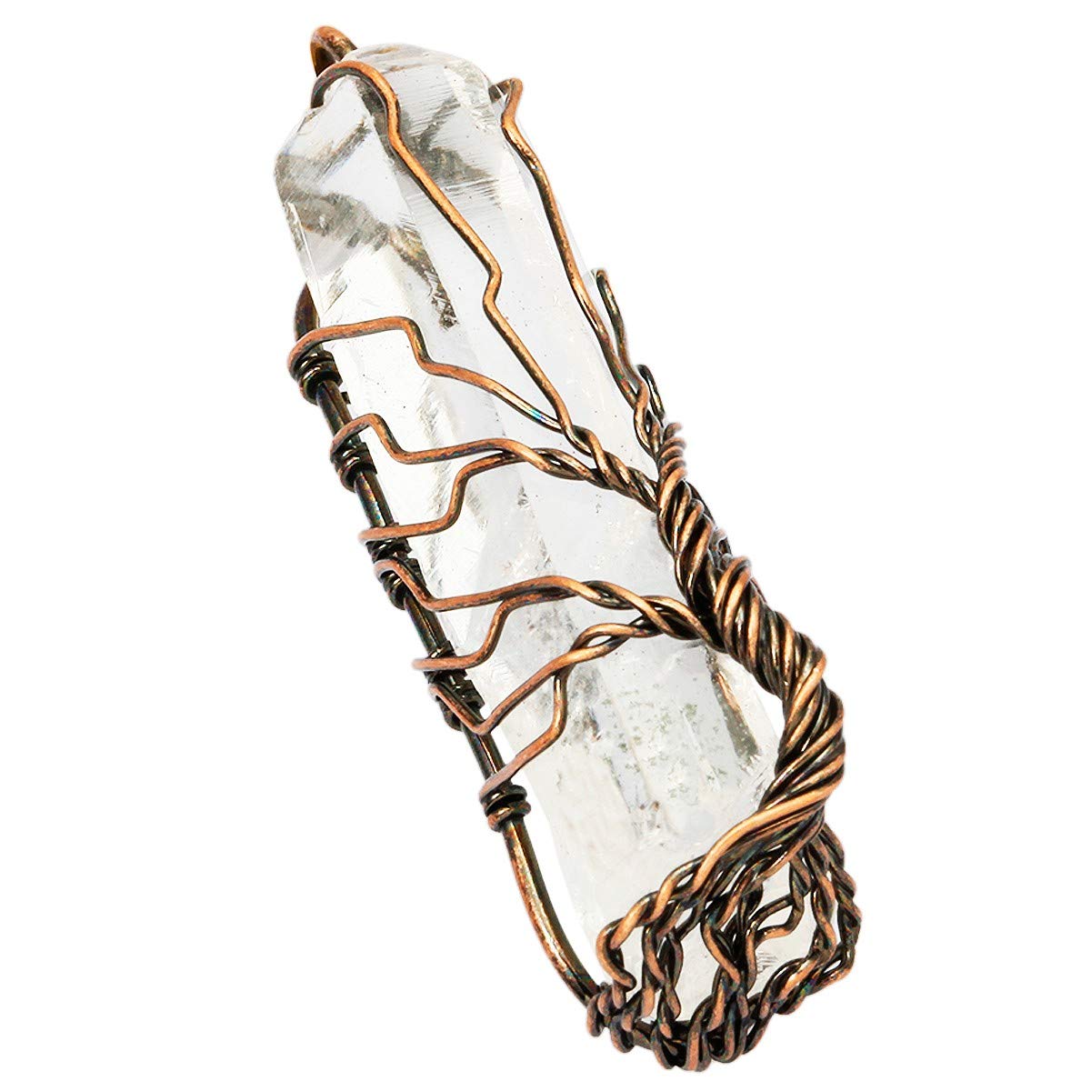 TUMBEELLUWA Stone Point Tree Pendant Necklace,Raw Crystal Healing Wire Wrapped Chakra Handmade Jewelry for Women Men,Natural Clear Quartz(Copper Plated Wire Wrapped)