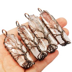 TUMBEELLUWA Stone Point Tree Pendant Necklace,Raw Crystal Healing Wire Wrapped Chakra Handmade Jewelry for Women Men,Natural Clear Quartz(Copper Plated Wire Wrapped)