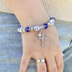 Nazareth Store Handmade Crystallized Glass Beads Cross Bracelet with Ceramic Flower Beads Religious Christian Bangle for Women and Men (Blue)