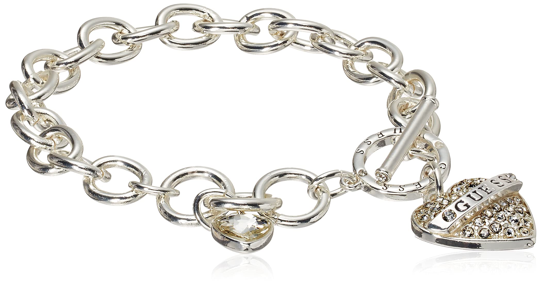 GUESS Women's Silvertone Chain Toggle Dangle Heart Charm Bracelet