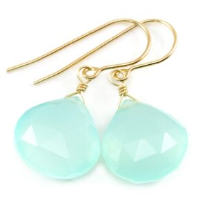 14K Yellow Gold Chalcedony Earrings Soft Aqua Blue Faceted Heart Teardrops Simple Dangles