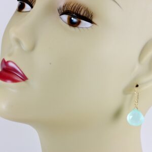 14K Yellow Gold Chalcedony Earrings Soft Aqua Blue Faceted Heart Teardrops Simple Dangles