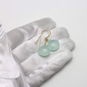 14K Yellow Gold Chalcedony Earrings Soft Aqua Blue Faceted Heart Teardrops Simple Dangles