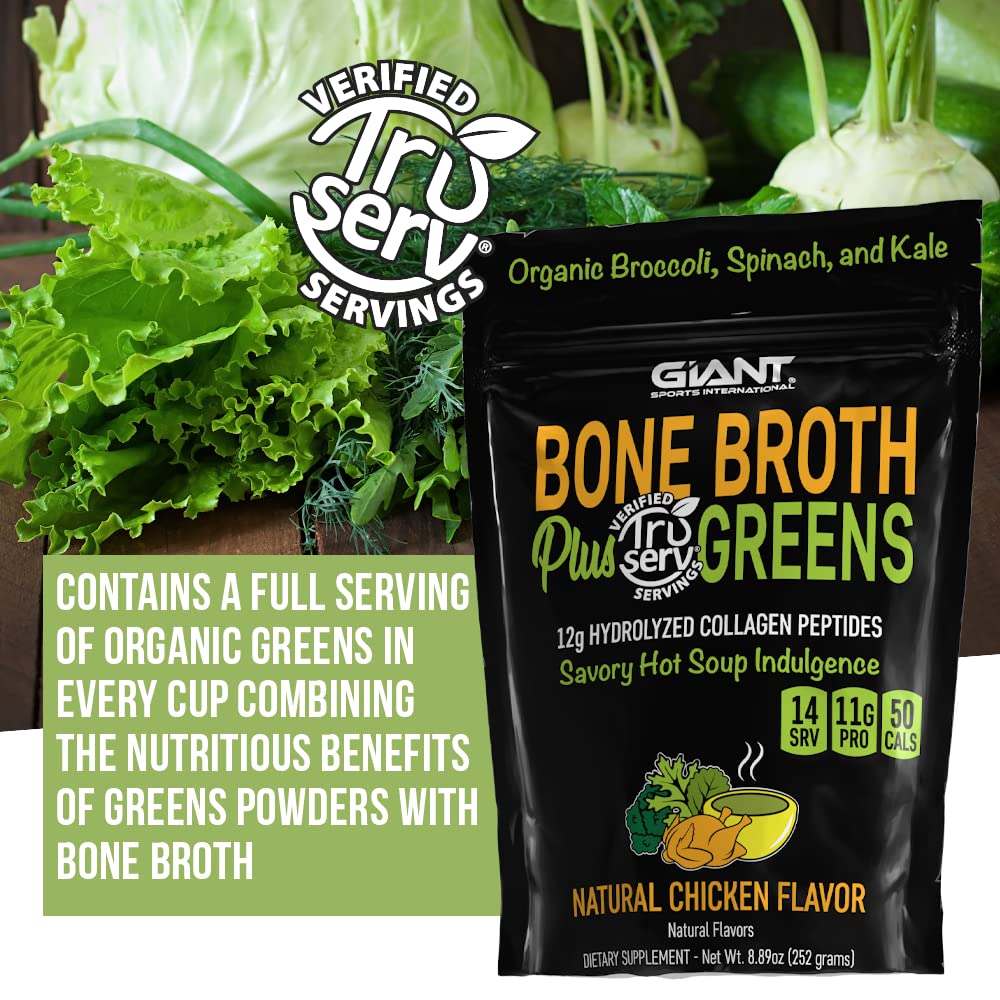 Giant Sports Bone Broth Plus Greens | Organic Super Greens Powder + Delicious Collagen Peptides Mix | Paleo and Keto Friendly | Natural Chicken Flavor 14 Servings