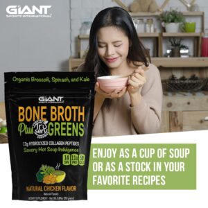 Giant Sports Bone Broth Plus Greens | Organic Super Greens Powder + Delicious Collagen Peptides Mix | Paleo and Keto Friendly | Natural Chicken Flavor 14 Servings