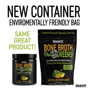 Giant Sports Bone Broth Plus Greens | Organic Super Greens Powder + Delicious Collagen Peptides Mix | Paleo and Keto Friendly | Natural Chicken Flavor 14 Servings