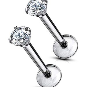 Forbidden Body Jewelry 16 g Titanium Internally Threaded Tragus Piercing CZ Top Flat Back Piercing Nose Studs Earring, Helix, Cartilage, Labret, Monroe for Women or Men (10mm/3mm X2)…