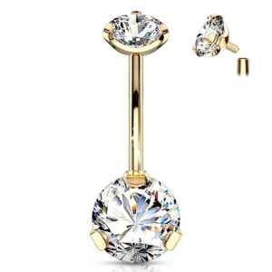 forbidden body jewelry long belly button rings, belly button jewelry, 14g surgical steel, tri-prong round cz solitaire belly ring for women, internally threaded (gold/clear)