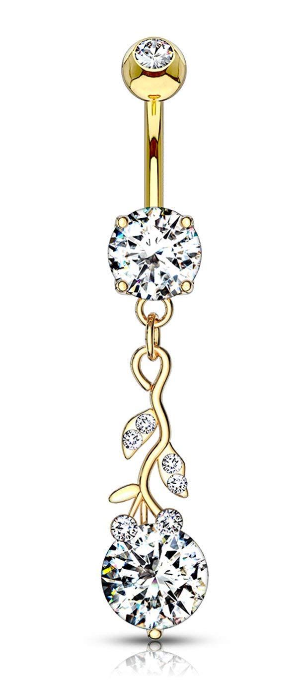 Forbidden Body Jewelry 14g Surgical Steel Sexy Vine with Solitaire CZ Dangle Belly Ring, Gold Tone