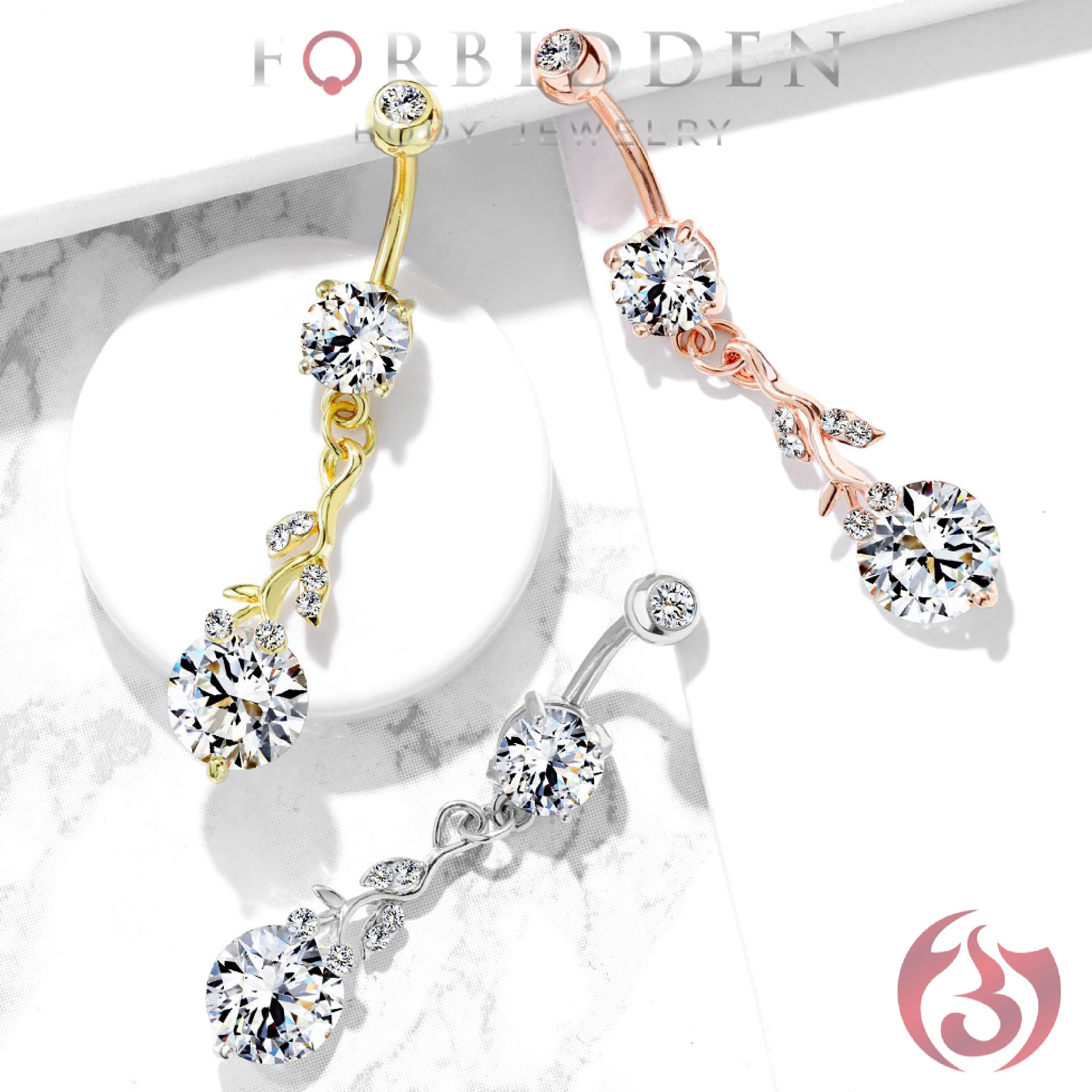 Forbidden Body Jewelry 14g Surgical Steel Sexy Vine with Solitaire CZ Dangle Belly Ring, Gold Tone