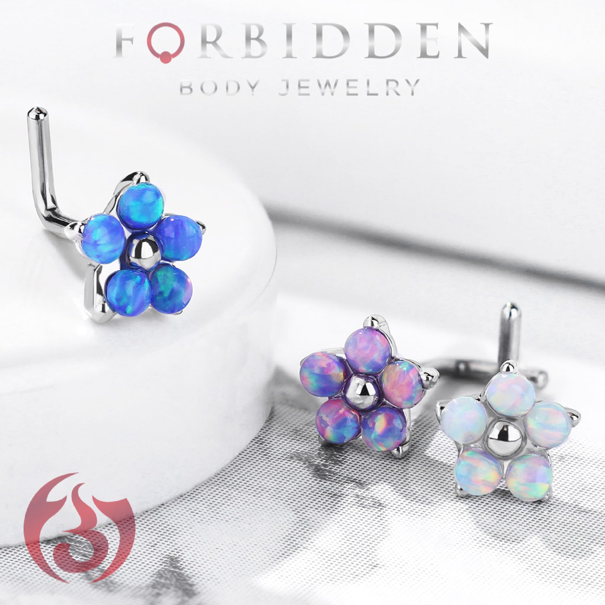 Forbidden Body Jewelry 20g Surgical Steel Synthetic Opalite Stone Flower L-Shape Nose Ring (Purple)