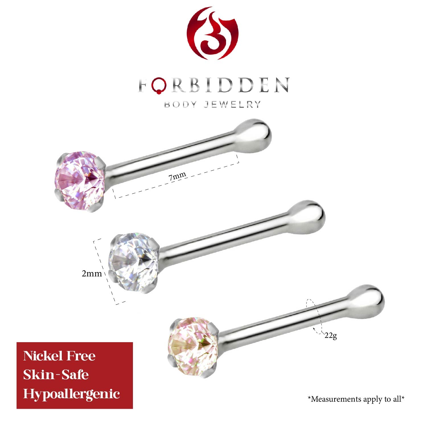 Forbidden Body Jewelry Nose Rings Sterling Silver CZ Simulated Diamond Micro Nose Studs 22G Set of 3 (Clr/AB/Rose)