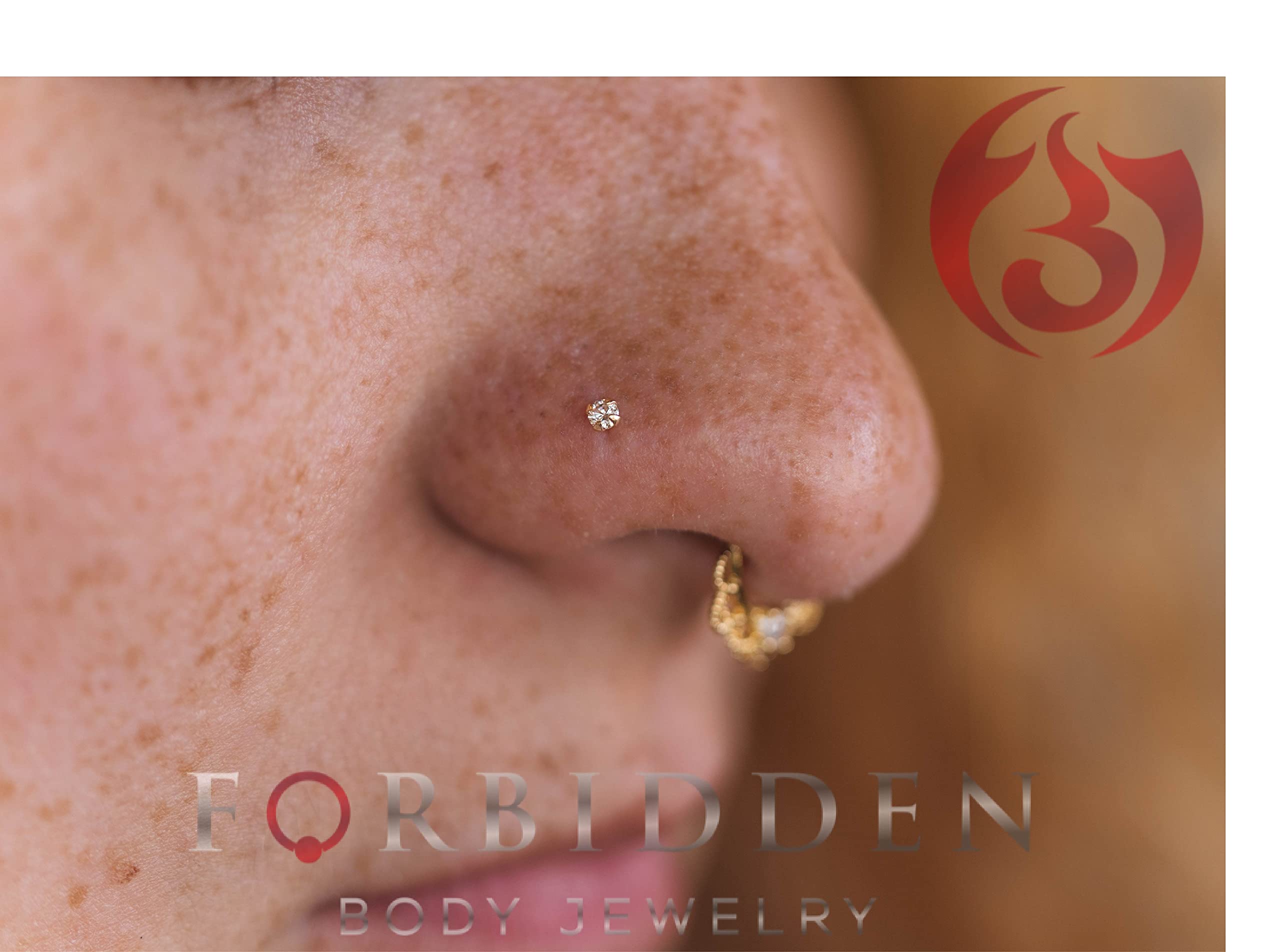 Forbidden Body Jewelry 22G Nose Rings Studs w/ 1.25mm Crystal - 1 Pcs 7mm 14K Gold Piercing Jewelry, l Shaped Nose Rings Women & Men - CZ Simulated Diamond, Small Nose Studs