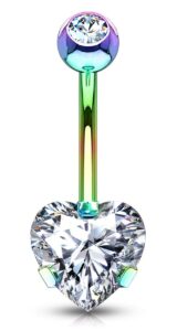 forbidden body jewelry 14g tri-prong heart shaped cz solitaire belly button ring, rainbow/clear