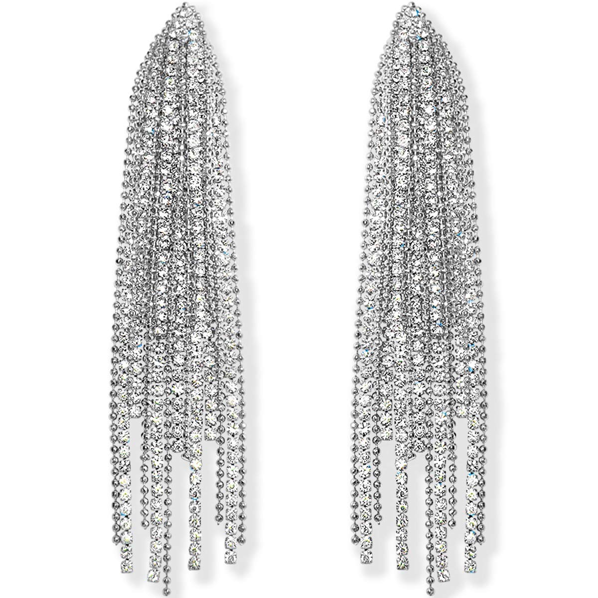 Humble Chic Simulated Diamond Earrings - Oversized Darling Waterfall Tassel CZ Statement Chandelier Studs, Cascade - Silver