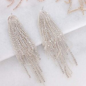 Humble Chic Simulated Diamond Earrings - Oversized Darling Waterfall Tassel CZ Statement Chandelier Studs, Cascade - Silver