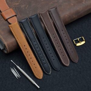 WOCCI 20mm Vintage Leather Watch Band for Men and Women, Gold Buckle (Black)