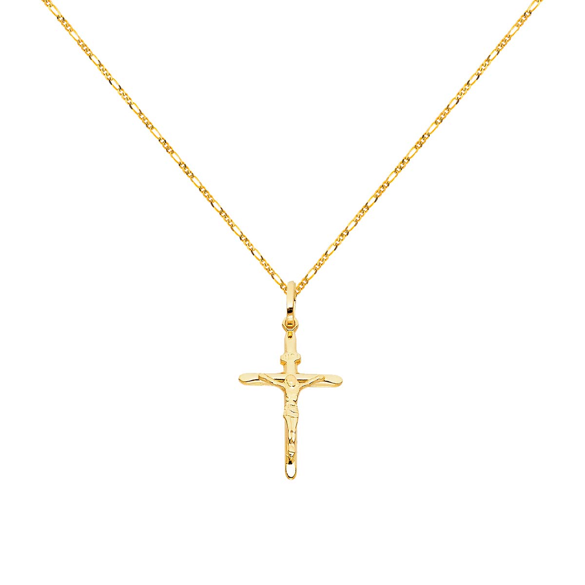 TGDJ 14k Yellow Gold Crucifix Cross Pendant with 1.6mm Figaro Chain Necklace (20.0)