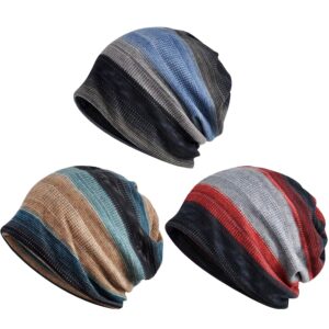 zando unisex soft beanie cap striped slouchy chemo hat travel scarf turban cozy skull cap lightweight stretch sleep hat for men women blue & red & camel blue one size