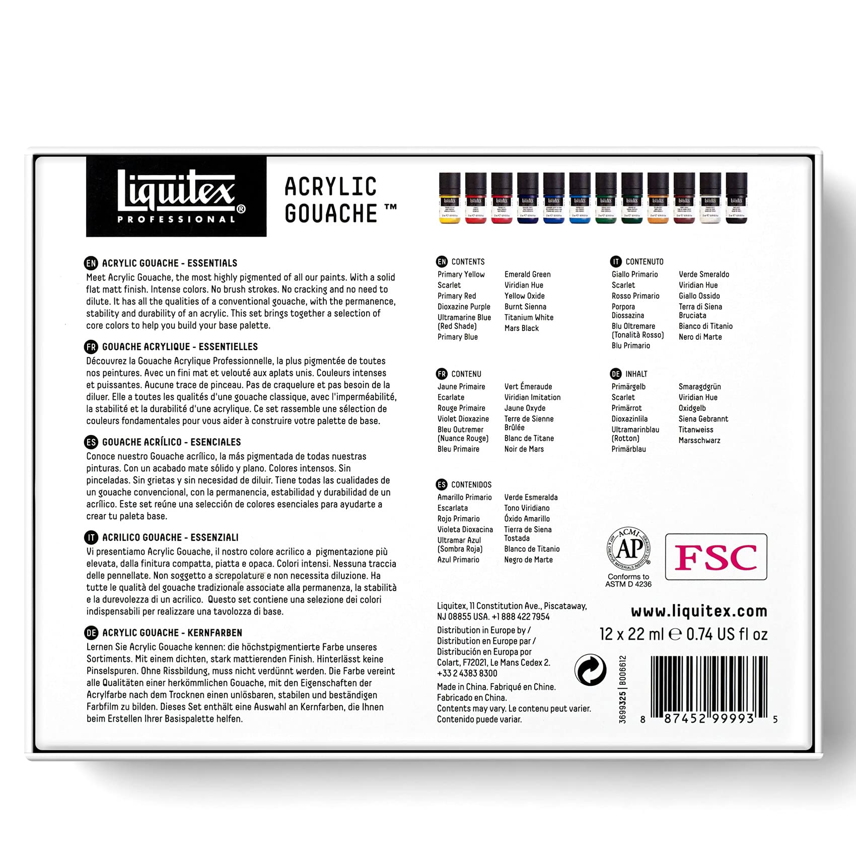 Liquitex Professional Acrylic Gouache Paint, 12 x 22ml (0.74-oz), Essentials Set