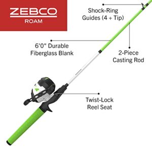 Zebco Roam Spincast Reel and Fishing Rod Combo, 6-Foot 2-Piece Fiberglass Fishing Pole with ComfortGrip Handle, QuickSet Anti-Reverse Fishing Reel, Pre-Spooled with 10-Pound Zebco Line, Green