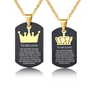 lf to my love necklace,stainless steel personalized name date customize his queen her king crown couple dog tag necklace sentimental motivational message pendant for valentine,free engraving