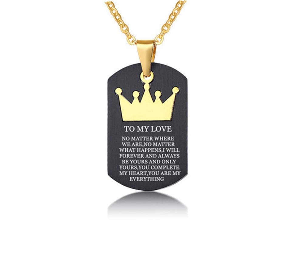 LF TO MY LOVE Necklace,Stainless Steel Personalized Name Date Customize His Queen Her King Crown Couple Dog Tag Necklace Sentimental Motivational Message Pendant for Valentine,Free Engraving