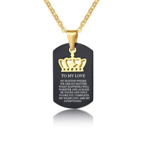 LF TO MY LOVE Necklace,Stainless Steel Personalized Name Date Customize His Queen Her King Crown Couple Dog Tag Necklace Sentimental Motivational Message Pendant for Valentine,Free Engraving