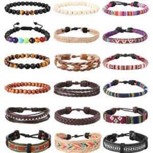 LOLIAS 18Pcs Leather Chakra Bead Tribal Bracelet for Men Women Charm Ethnic Wood Beaded Hemp Bracelets Boho Wristbands