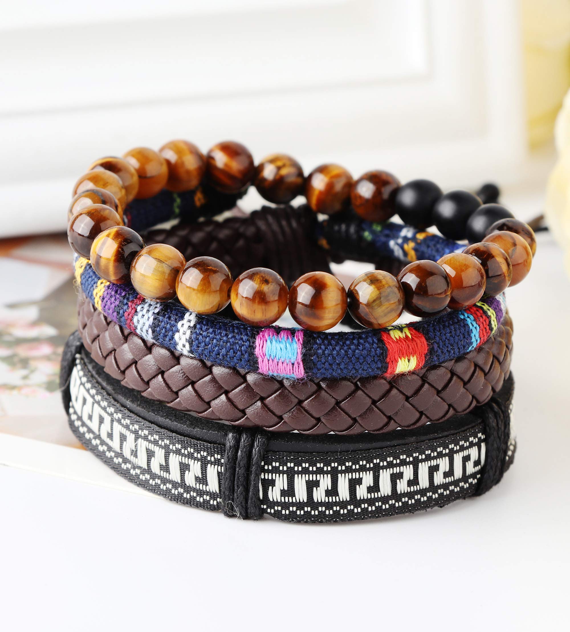 LOLIAS 18Pcs Leather Chakra Bead Tribal Bracelet for Men Women Charm Ethnic Wood Beaded Hemp Bracelets Boho Wristbands