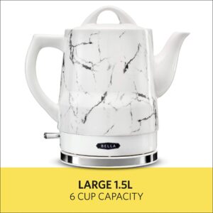 BELLA 1.5 Liter Electric Ceramic Tea Kettle with Boil Dry Protection & Detachable Swivel Base, White Marble, Model 14743