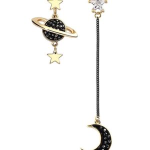 Moon And Star Dangle Earrings For Women Sterling Silver Hypoallergenic Sensitive Ears Unique Chic Kpop Asymmetry Design Boho Cubic Zirconia Planet Drop Earrings Jackets (Black)