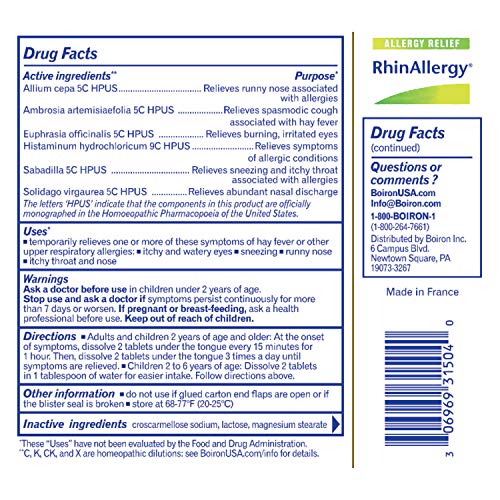 Boiron RhinAllergy Tablets for Relief from Allergy Symptoms of Sneezing, Runny Nose, and Itchy Eyes or Throat - 60 Count