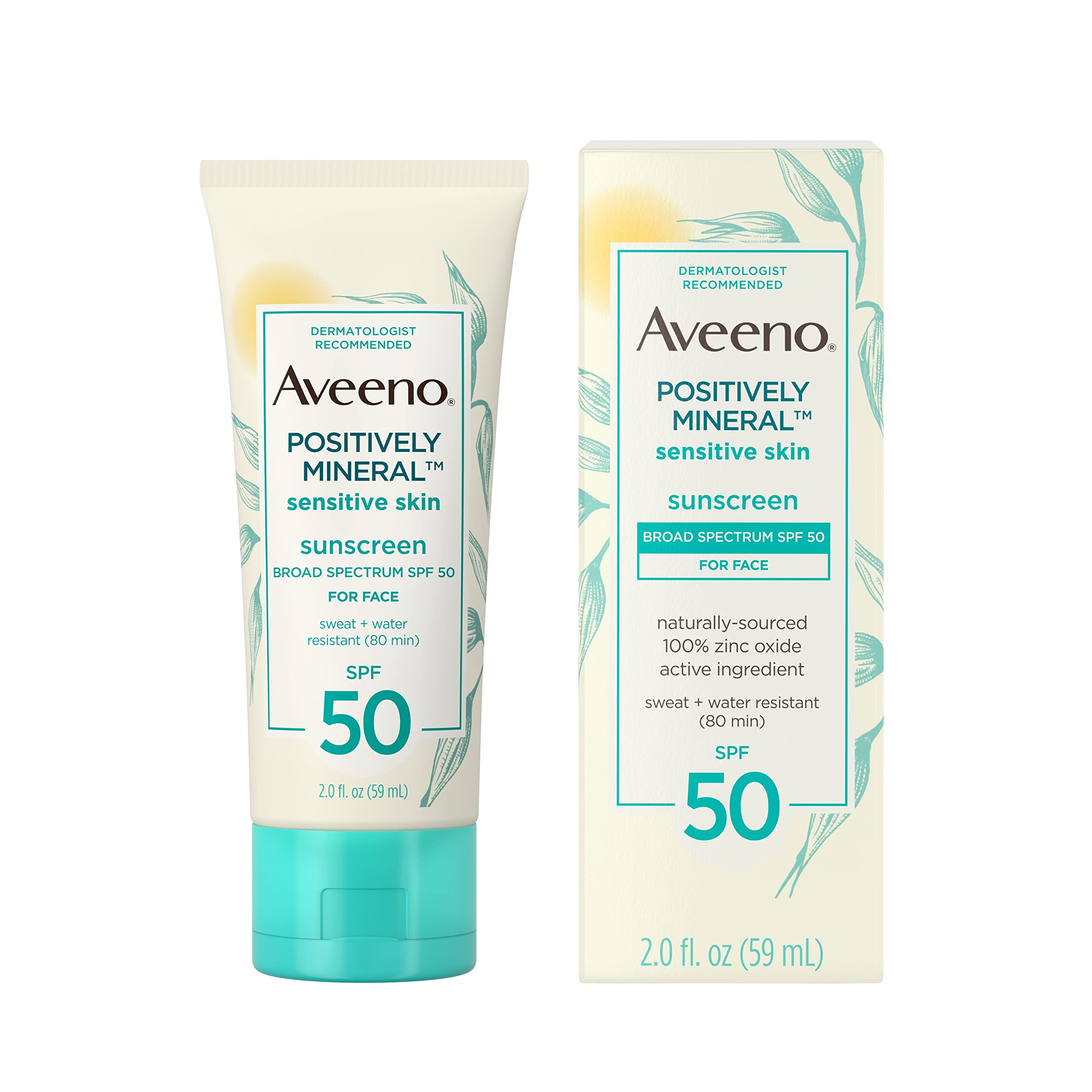 Aveeno Positively Mineral Sensitive Skin Daily Sunscreen Lotion for Face, Broad Spectrum SPF 50 with 100% Zinc Oxide, Lightweight & Non-Comedogenic Facial Sunscreen, Travel-Size, 2 fl. oz