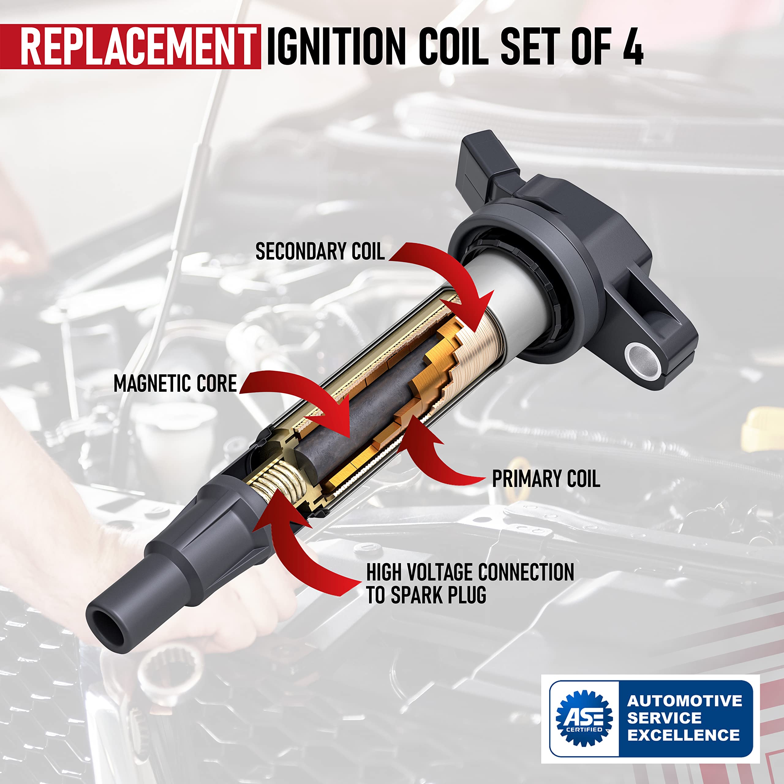 Replacement Ignition Coil Pack Set of 4 - Compatible with Toyota, Lexus, Scion - 1.8L L4 Corolla, Matrix, Prius, V, Plug-In, Vibe, xD, CT200h - Replaces 90919-02252, 90919-02258, UF596, UF619, C1714